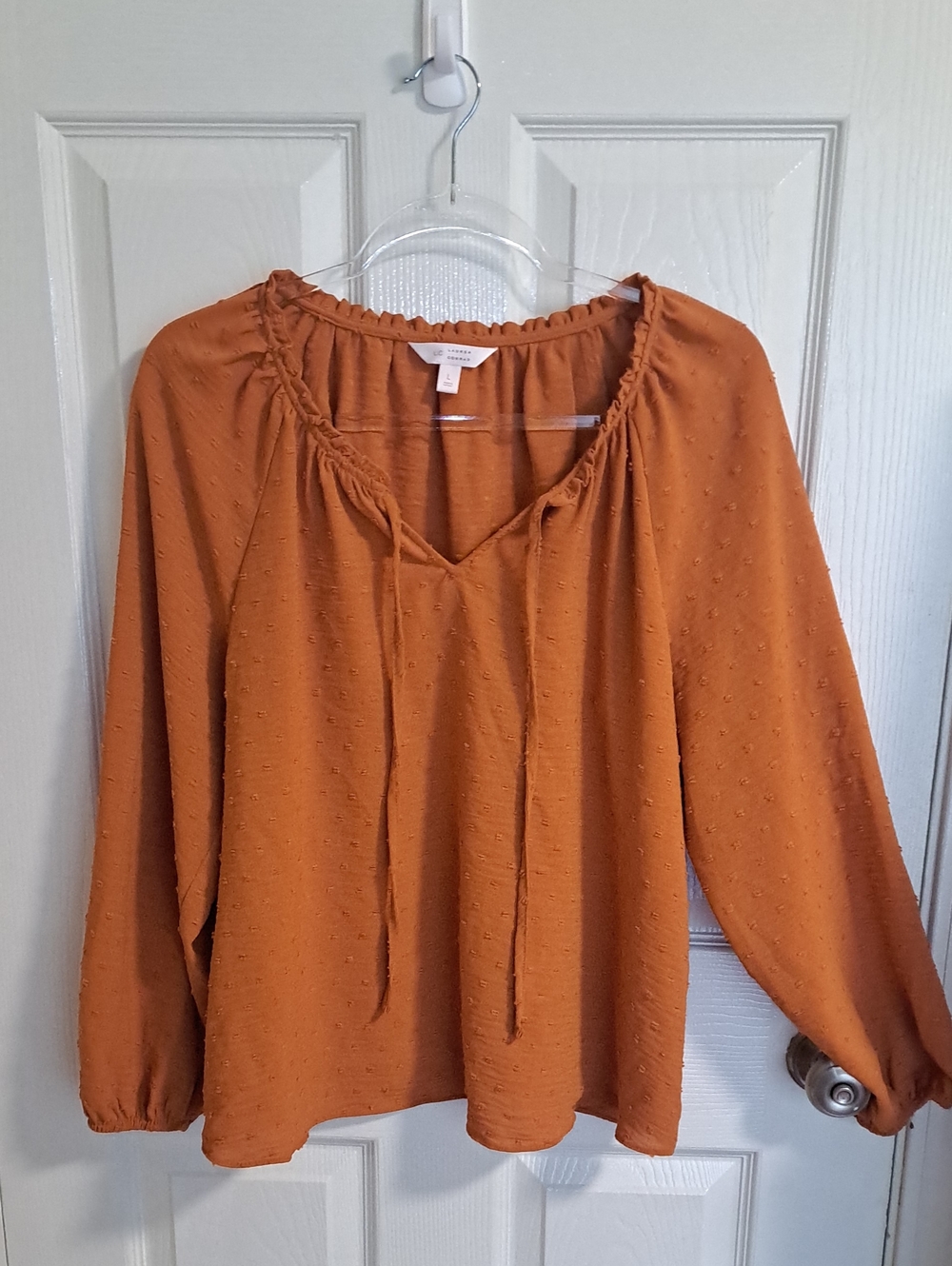 LC Lauren Conrad Rust Orange Swiss Dot Tie-Neck Blouse